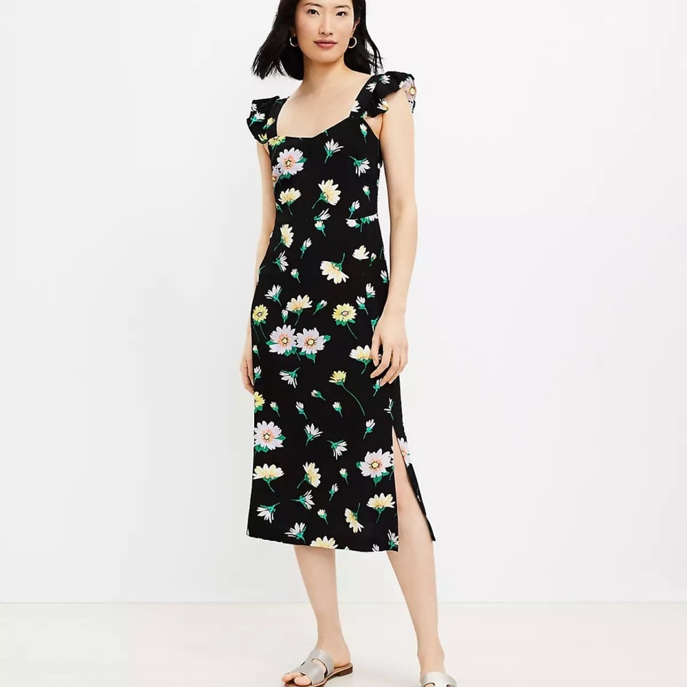 LOFT Black Floral Midi Dress